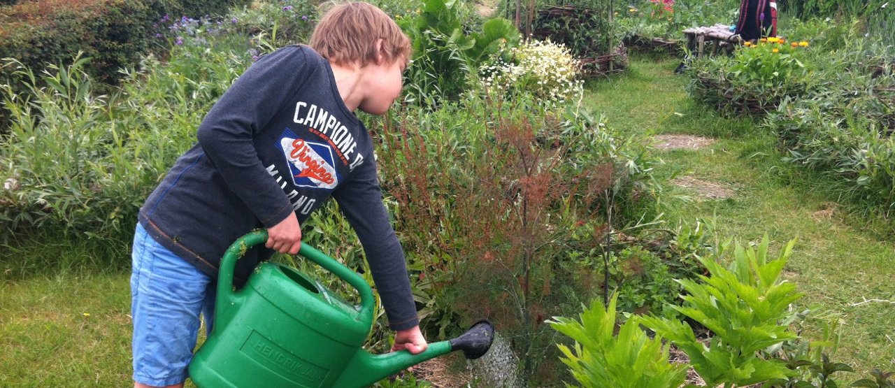 roman garden boy watering plants